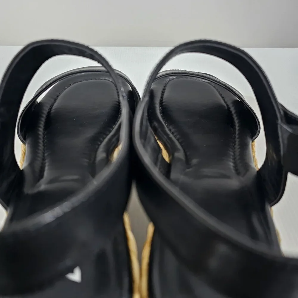 Marc Fisher LTD Patryce Platform Espadrille Sandal Size 9.5 Black Leather Raffia